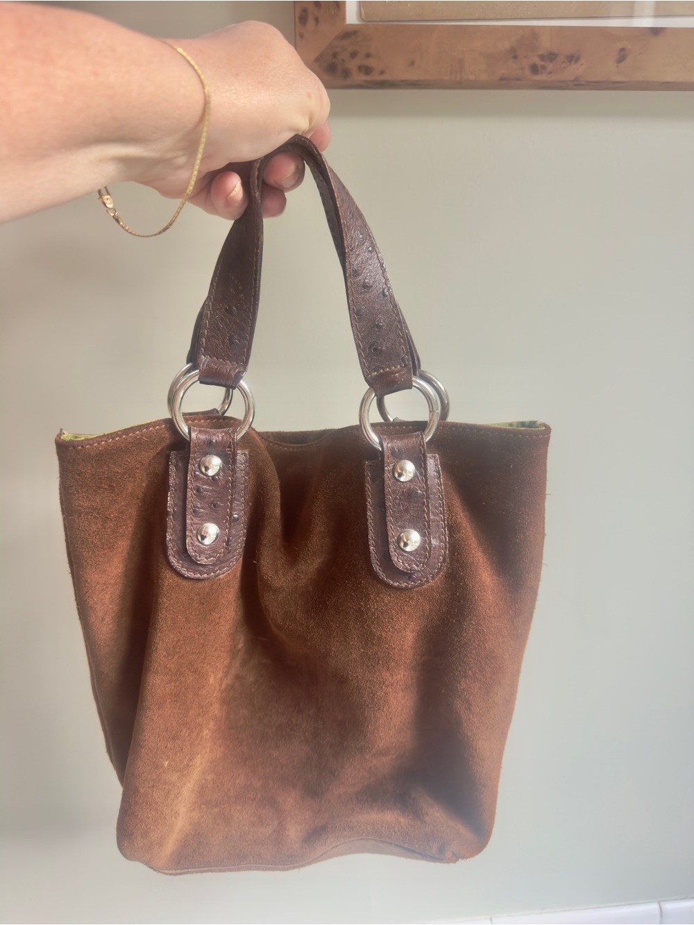 Maurizio Tatuti Italian Women’s Brown Suede Small Tote Bag with Leather Handles